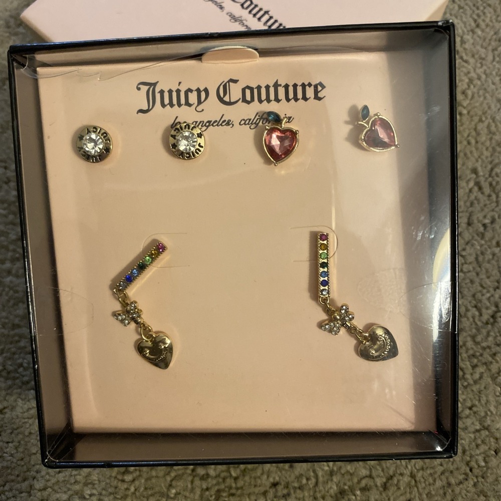 NWOT JUICY COUTURE EARRING SET OF 3 PAIR APPLE/JUICY/RAINBOW DANGLE GOLDTONE - Picture 2 of 12